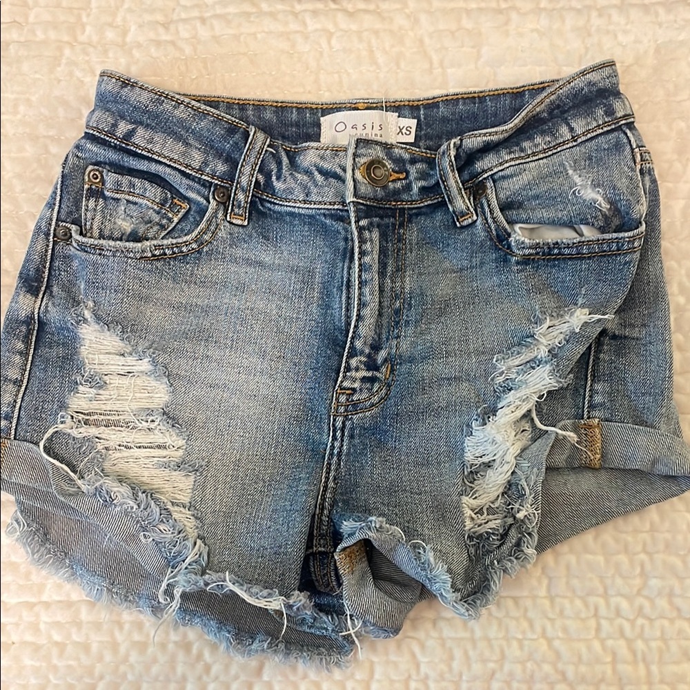 Oasis Blue Distressed Jean Shorts with Frayed Hem